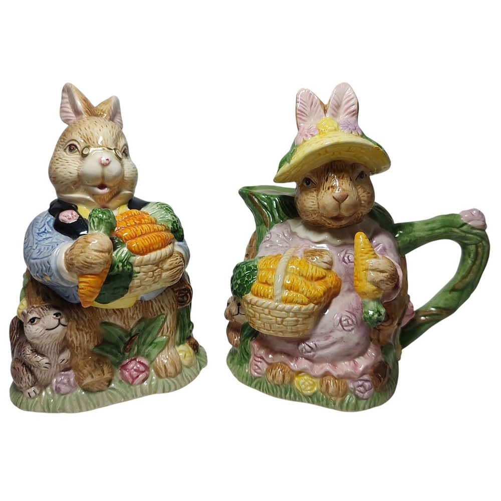 Fitz and Floyd Cream and Sugar Set Omnibus Grandma Grandpa Rabbits‎ 1993 READ